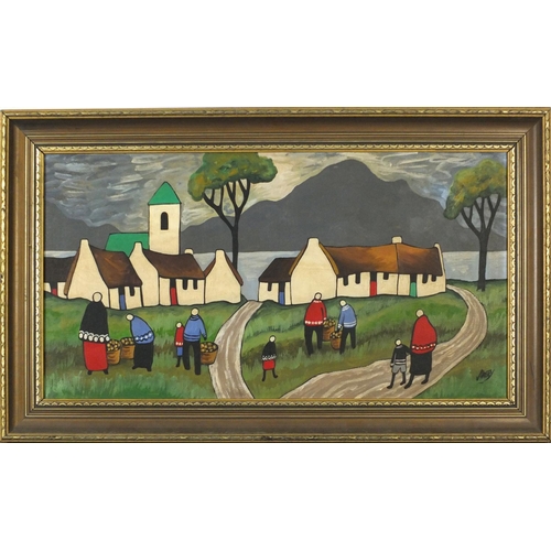 3126 - Manner of Markey Robinson - Figures before cottages and water, Irish school oil on canvas, framed, 7... 