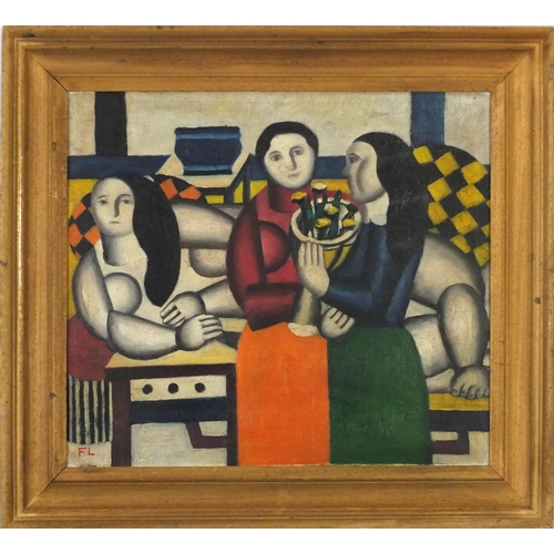 3814 - Abstract composition, geometric shapes with figures, French Impressionist oil on canvas, framed, 44.... 