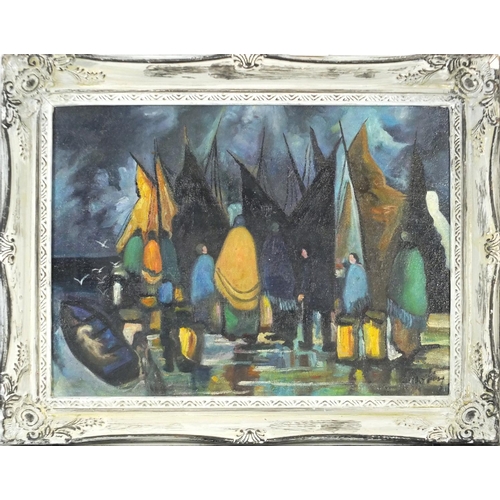 3752 - Manner of Markey Robinson - Harbour with figures, Irish school oil on board, framed, 39cm x 29cm