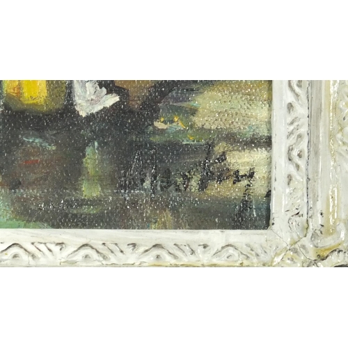 3752 - Manner of Markey Robinson - Harbour with figures, Irish school oil on board, framed, 39cm x 29cm