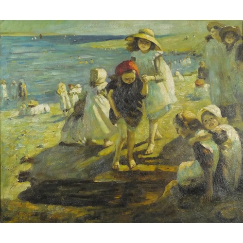 3347 - Manner of Laura Knight - Figures on a beach, modern British oil on board, framed, 59.5cm x 49.5cm