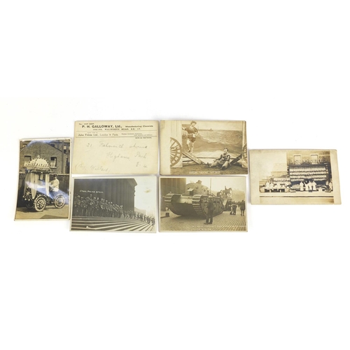 3637 - Five early 20th century black and white photographic postcards and one other including J Sainsbury s... 