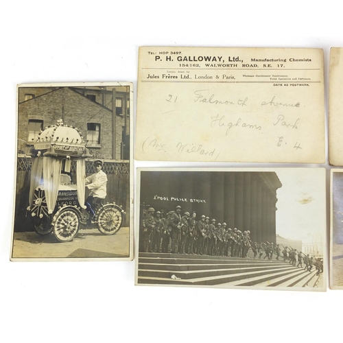 3637 - Five early 20th century black and white photographic postcards and one other including J Sainsbury s... 