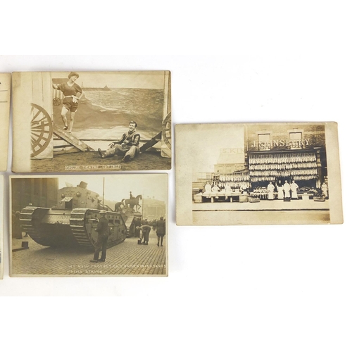 3637 - Five early 20th century black and white photographic postcards and one other including J Sainsbury s... 