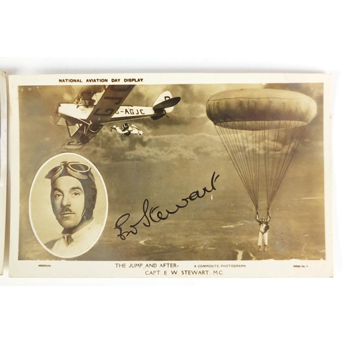 3638 - Two aviation postcards including Captain E W Stewart, titled The Jump and After