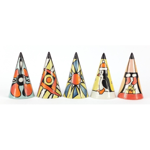 3643 - Five Lorna Bailey conical sifters, hand painted with flowers, penguins and Santa Claus, limited edit... 