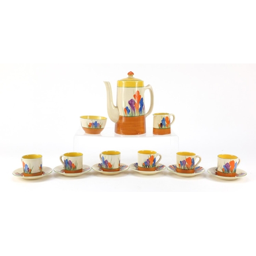 3062 - Art Deco Clarice Cliff bizarre pottery six place coffee service, hand painted in the Crocus pattern,... 
