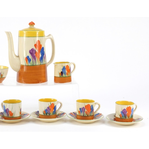 3062 - Art Deco Clarice Cliff bizarre pottery six place coffee service, hand painted in the Crocus pattern,... 