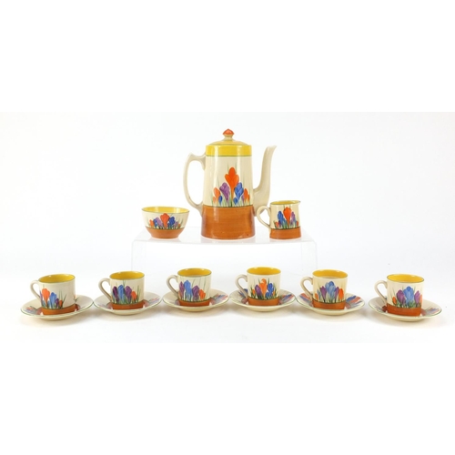 3062 - Art Deco Clarice Cliff bizarre pottery six place coffee service, hand painted in the Crocus pattern,... 