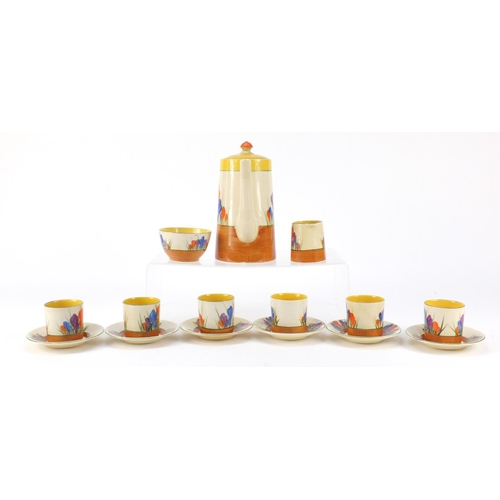 3062 - Art Deco Clarice Cliff bizarre pottery six place coffee service, hand painted in the Crocus pattern,... 