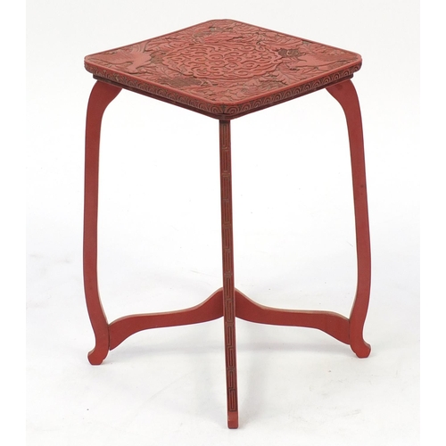 3808 - Chinese cinnabar lacquer stool carved with birds amongst flowers, 36cm H x 22.5cm W x 22.5 D