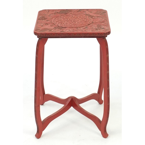 3808 - Chinese cinnabar lacquer stool carved with birds amongst flowers, 36cm H x 22.5cm W x 22.5 D