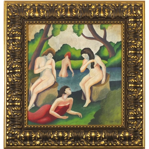 3888 - Nude females bathing, gouache on paper, bearing an indistinct signature, framed, 36.5cm x 34cm