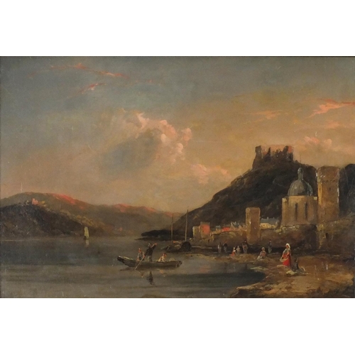 3029 - People by a river with ruins in the distance, 19th century Italian school oil on canvas, framed, 46c... 