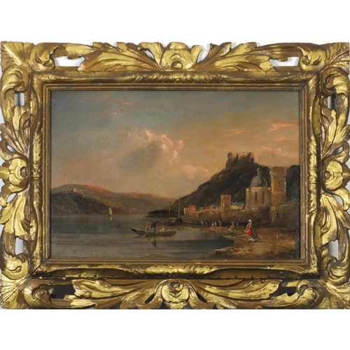 3029 - People by a river with ruins in the distance, 19th century Italian school oil on canvas, framed, 46c... 