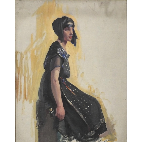 3924 - Portrait of a 1930's female, American school oil on canvas board, framed, 49.5cm x 39cm