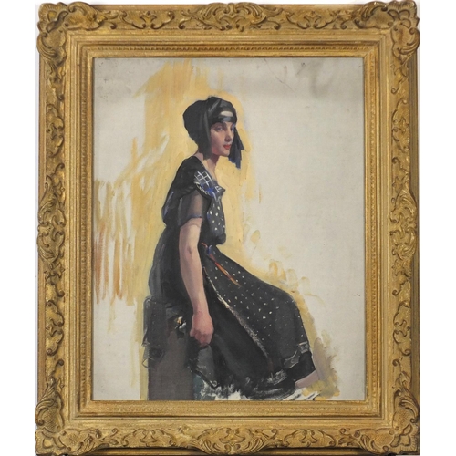 3924 - Portrait of a 1930's female, American school oil on canvas board, framed, 49.5cm x 39cm