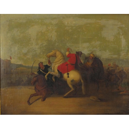 3232 - Battle scene with Turks, 18th century oil on canvas, stamped numbers verso, framed, 60.5cm x 48cm