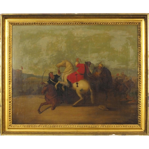 3232 - Battle scene with Turks, 18th century oil on canvas, stamped numbers verso, framed, 60.5cm x 48cm