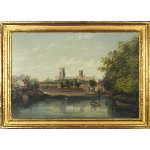 3541 - Alfred Vickers - Ely Cathedral from the river, 19th century oil on canvas, details verso, framed, 74... 