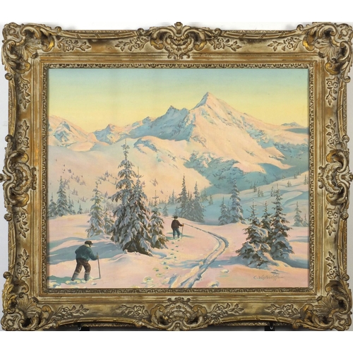 3472 - Manner of Constantin Westchiloff - Snow scene with men walking up the hill, oil on board, framed, 63... 