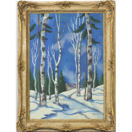 3542 - After Jonas Lie - Winter scene with trees, watercolour and gouache, mounted and glazed, 57cm x 39.5c... 