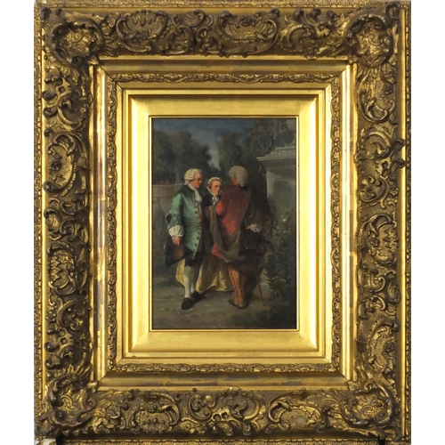 3813 - Ulysse - Three figures in a courtyard, 19th century French school oil on board, mounted and framed, ... 