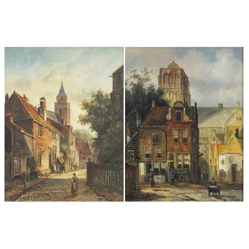 3719 - L Clayton - Street scenes, pair of oil on boards, framed, each 23.5cm x 18cm