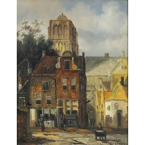 3719 - L Clayton - Street scenes, pair of oil on boards, framed, each 23.5cm x 18cm