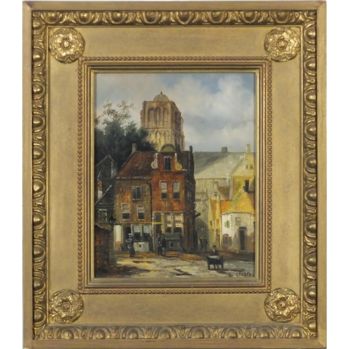 3719 - L Clayton - Street scenes, pair of oil on boards, framed, each 23.5cm x 18cm