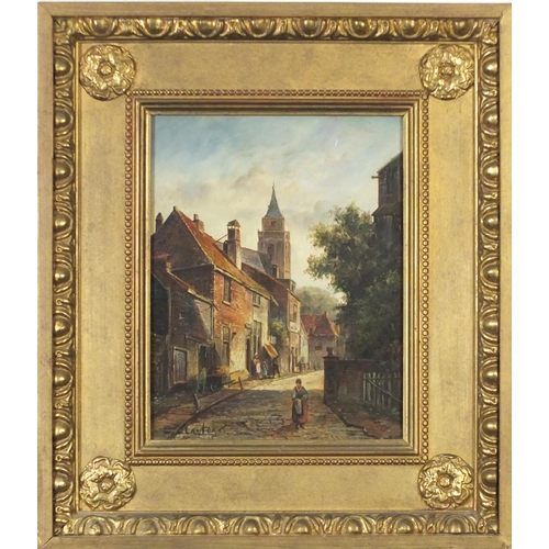 3719 - L Clayton - Street scenes, pair of oil on boards, framed, each 23.5cm x 18cm