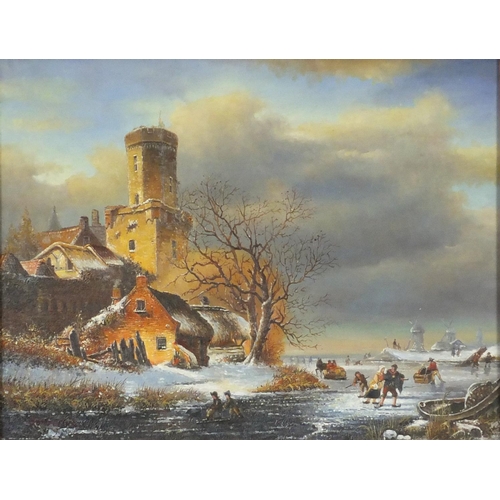 3860 - Dutch snowy winter landscape, oil on board, framed, 39cm x 29.5cm