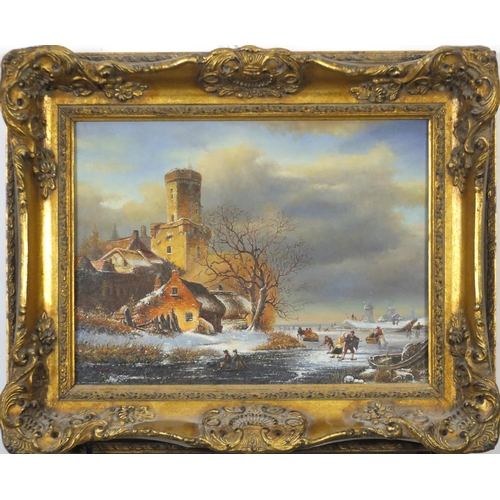 3860 - Dutch snowy winter landscape, oil on board, framed, 39cm x 29.5cm