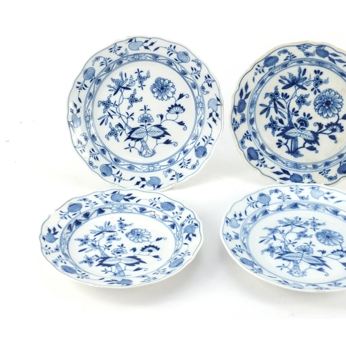 3150 - Six Meissen porcelain plates, each hand painted in the Blue Onion pattern, crossed sword marks to ba... 