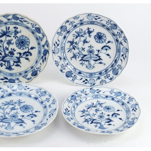 3150 - Six Meissen porcelain plates, each hand painted in the Blue Onion pattern, crossed sword marks to ba... 