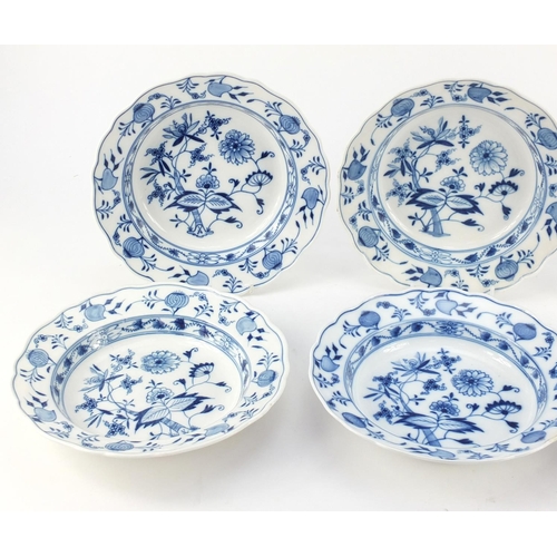 3149 - Six Meissen porcelain soup plates, each hand painted in the Blue Onion pattern, crossed sword marks ... 