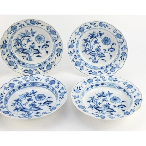 3149 - Six Meissen porcelain soup plates, each hand painted in the Blue Onion pattern, crossed sword marks ... 