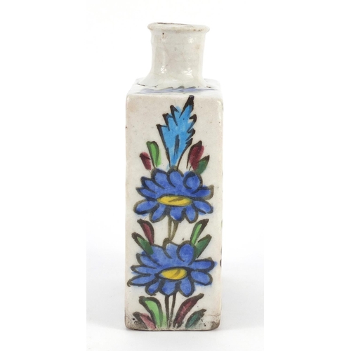 3135 - Antique Tuskish Iznik pottery flask, hand painted with flowers, 16cm high