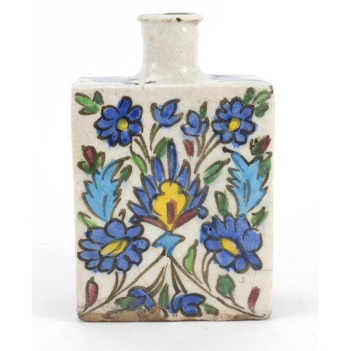 3135 - Antique Tuskish Iznik pottery flask, hand painted with flowers, 16cm high