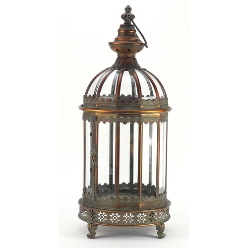 4006 - Large ornate glass and metal hanging lantern, 60cm high