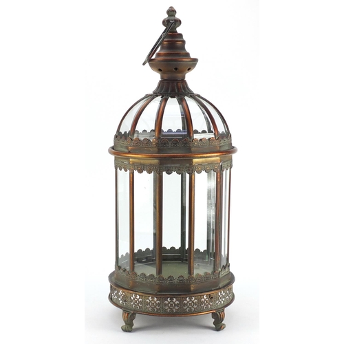 4006 - Large ornate glass and metal hanging lantern, 60cm high