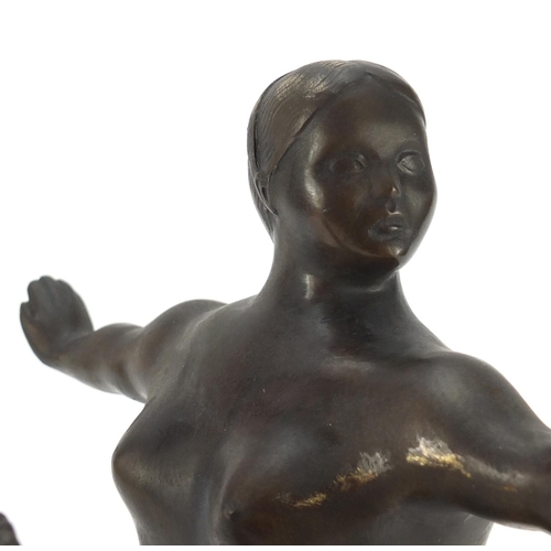 3593 - Modernist patinated bronze of a standing nude female after Ferdinand Preiss, 35cm high