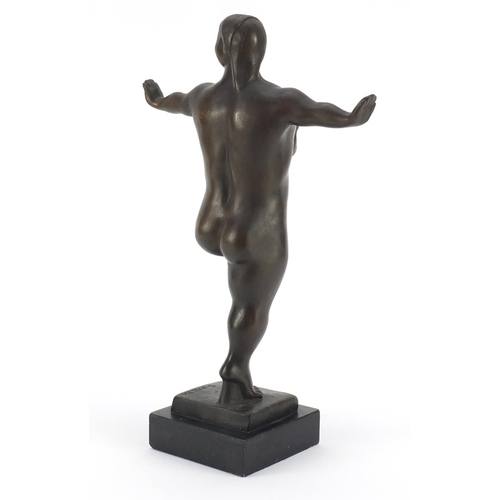 3593 - Modernist patinated bronze of a standing nude female after Ferdinand Preiss, 35cm high