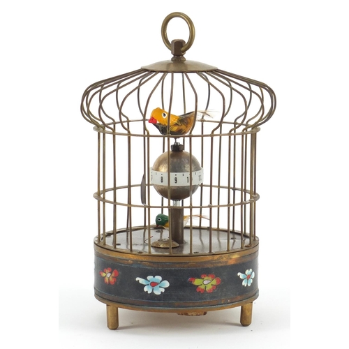 3466 - Brass automaton bird cage design alarm clock with enamel decoration, 22cm high