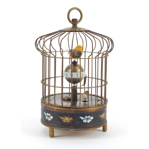 3466 - Brass automaton bird cage design alarm clock with enamel decoration, 22cm high