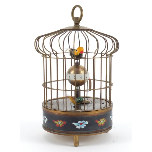 3466 - Brass automaton bird cage design alarm clock with enamel decoration, 22cm high