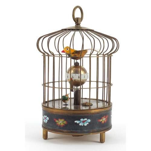 3466 - Brass automaton bird cage design alarm clock with enamel decoration, 22cm high