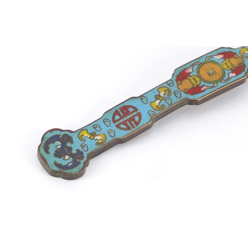 3955 - Chinese patinated bronze and cloisonne sceptre, enamelled with bats, character marks to the base, 21... 