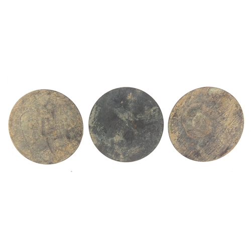 5256 - Three Chinese Archaic style bronzed buttons each 5cm in diameter