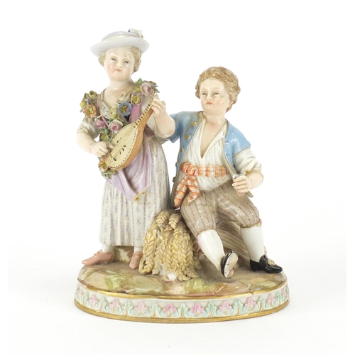 3048 - 19th century Meissen figure group of a boy and girl playing a mandolin, blue cross sword marks and n... 